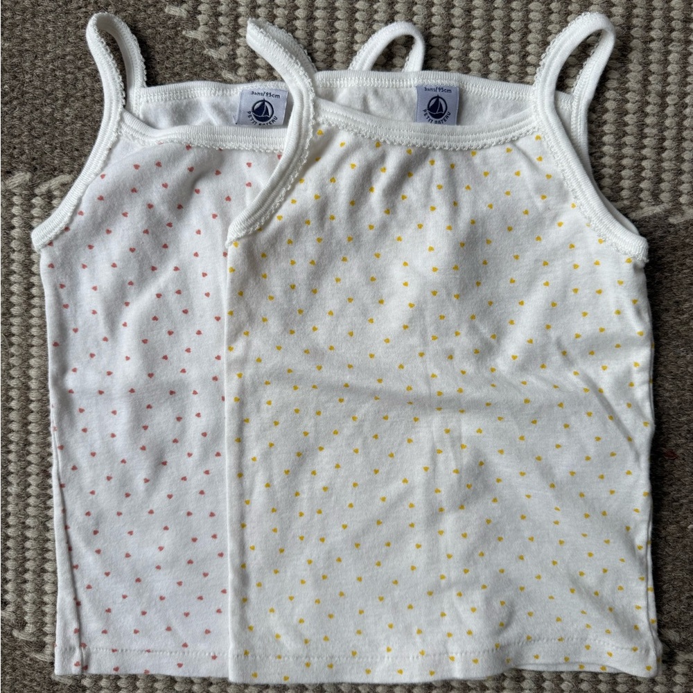 Petit Bateau White Camisoles with Yellow and Pink hearts, 3T